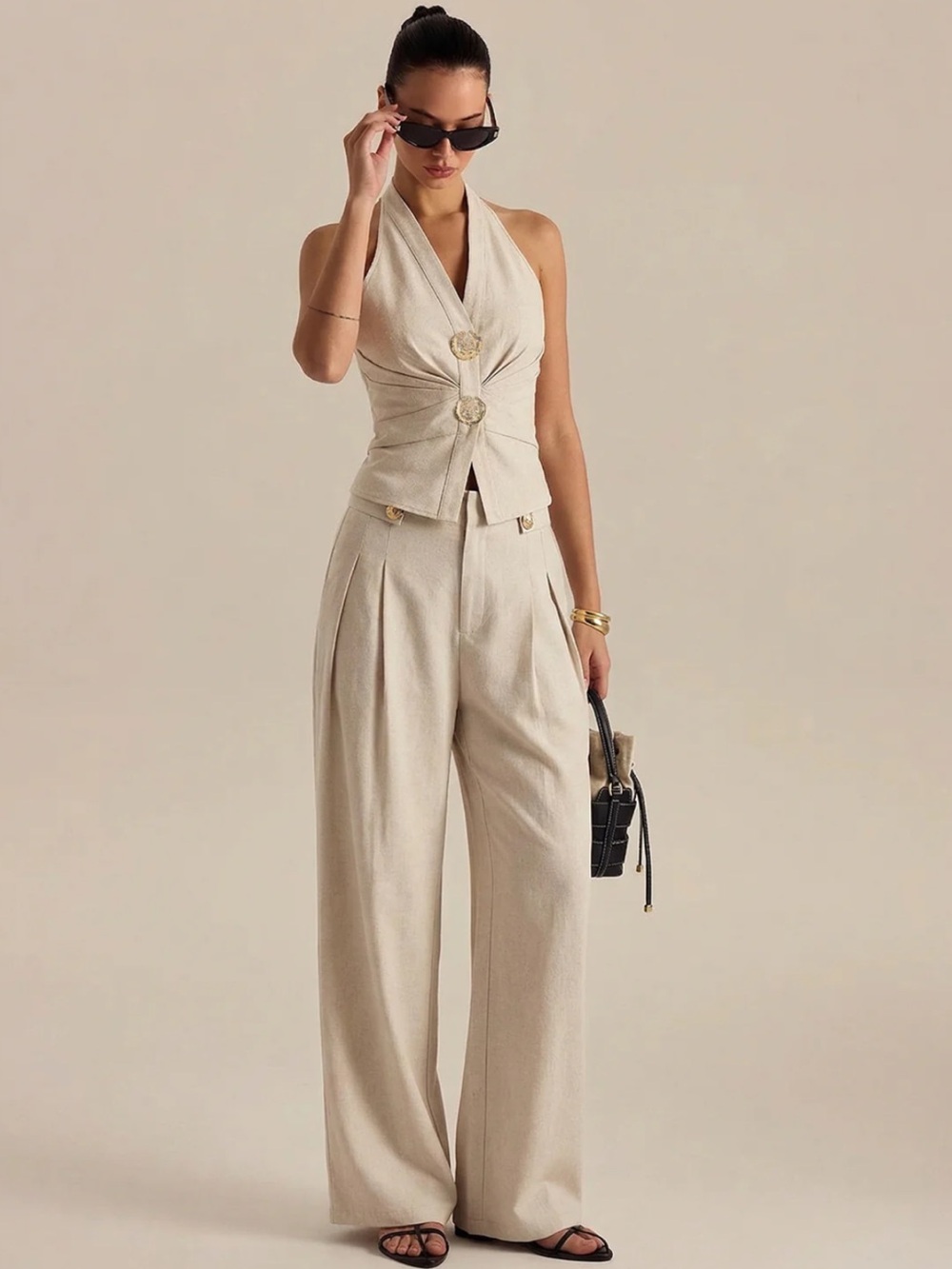 Commense Linen Blend Halter Ruched Top & Pants Set Size Small NWT